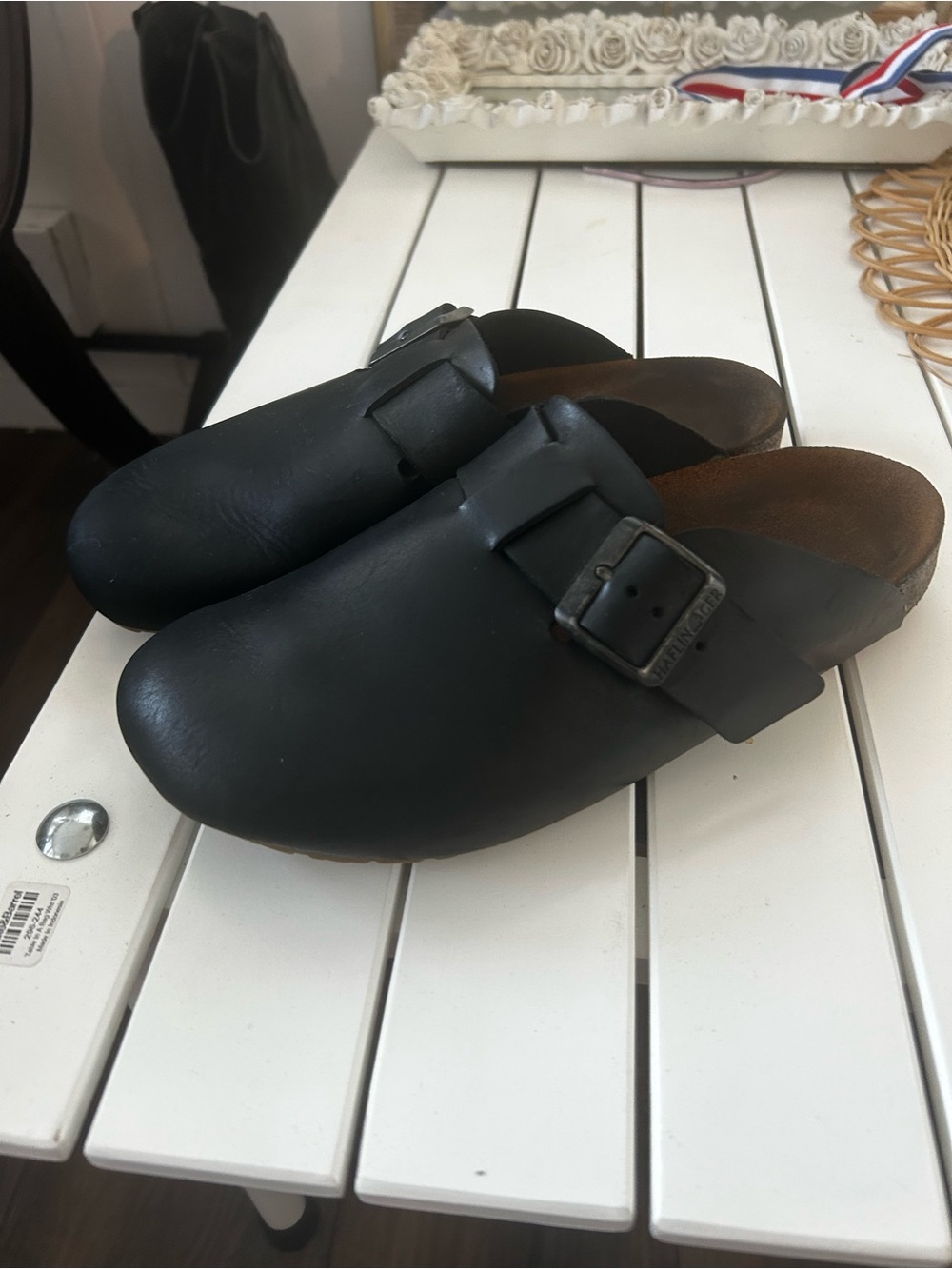 Haflinger Black Leather Mule Clogs with Adjustable Buckle